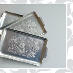 Three Small Vintage Aluminum Tin Trays Catch All Retro Victorian Hammered Fruit